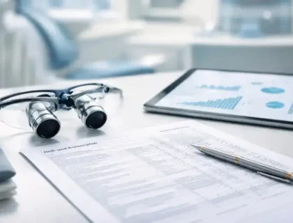 Heil- und Kostenplan auf Zahnarzt-Schreibtisch mit Lupenbrille und Tablet, symbolische Darstellung der PKV-Abrechnung