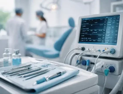Sterile zahnärztliche Instrumente und Anästhesie-Monitoring in moderner Zahnarztpraxis, Symbol für Hygiene und Patientensicherheit.