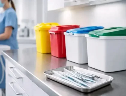 Getrennte Abfallbehälter und stichsichere Boxen in moderner Zahnarztpraxis, Symbol für Abfallentsorgung und Hygiene.