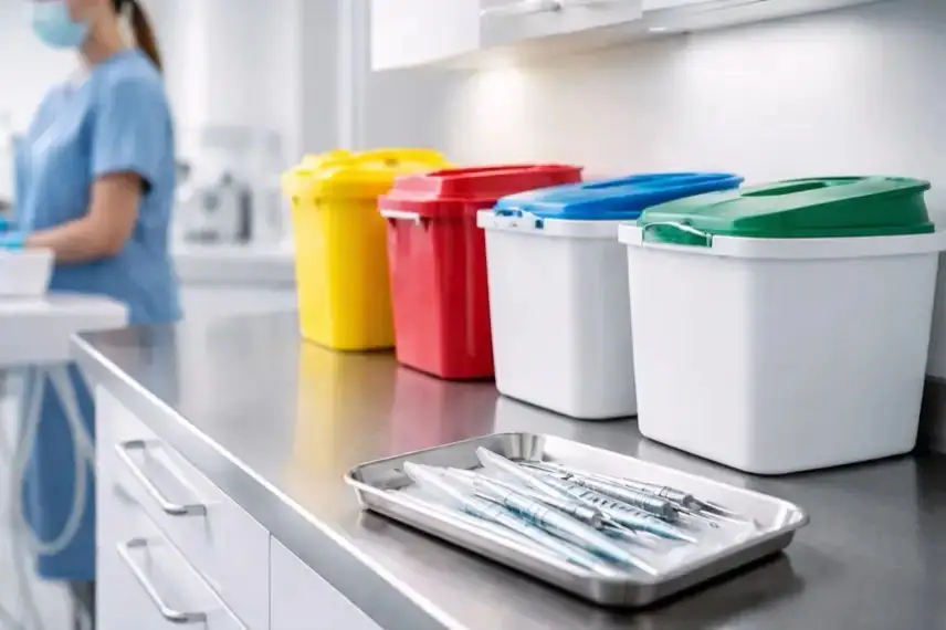 Getrennte Abfallbehälter und stichsichere Boxen in moderner Zahnarztpraxis, Symbol für Abfallentsorgung und Hygiene.