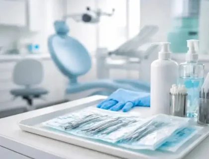 Steril verpackte Dentalinstrumente und Hygienematerial in moderner Zahnarztpraxis als Symbol für Hygieneschulung und Hygienemanagement.