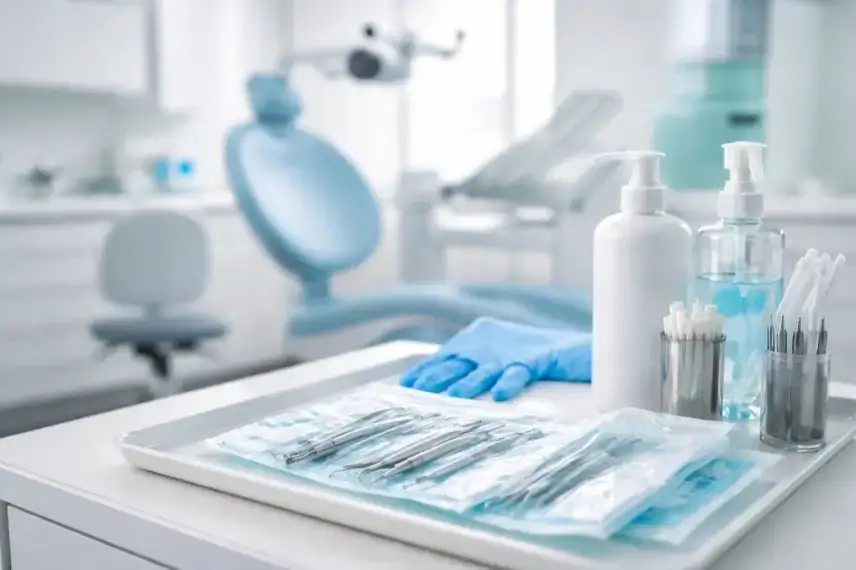 Steril verpackte Dentalinstrumente und Hygienematerial in moderner Zahnarztpraxis als Symbol für Hygieneschulung und Hygienemanagement.